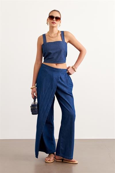 Beli Lastikli Düğmeli Kot Pantolon RİNS YIKAMA