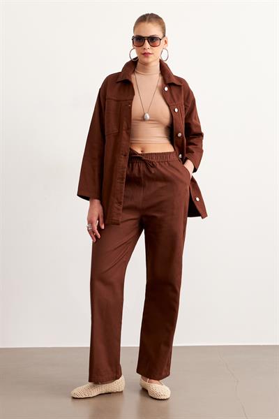 Beli Lastikli Gabardin Pantolon KAHVE