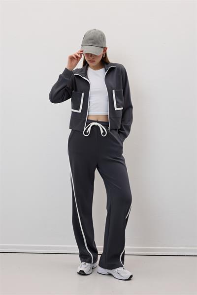 Beli Lastikli Garni Biye Detaylı Pantolon ANTRASİT