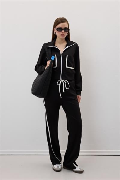 Beli Lastikli Garni Biye Detaylı Pantolon SİYAH