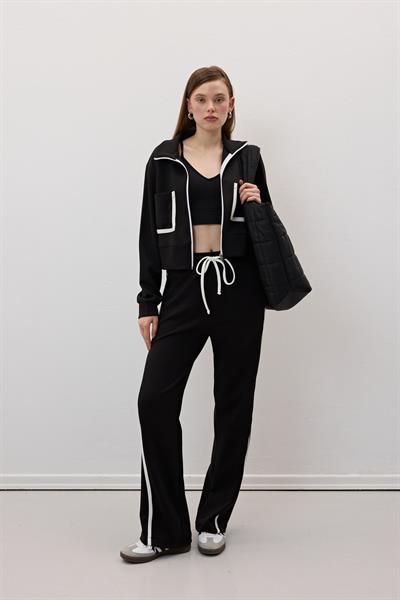Beli Lastikli Garni Biye Detaylı Pantolon SİYAH