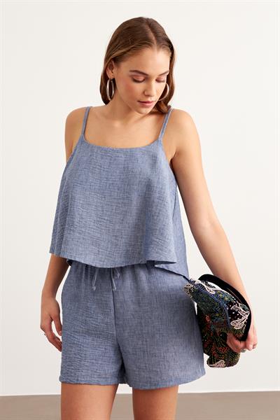 Beli Lastikli Kısa Keten Şort MAVİ