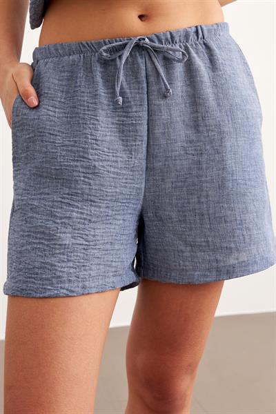 Beli Lastikli Kısa Keten Şort MAVİ
