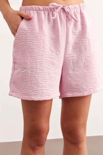 Beli Lastikli Kısa Keten Şort PEMBE