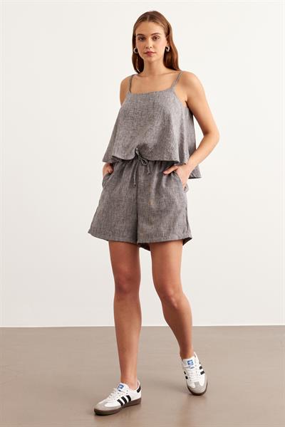 Beli Lastikli Kısa Keten Şort SİYAH