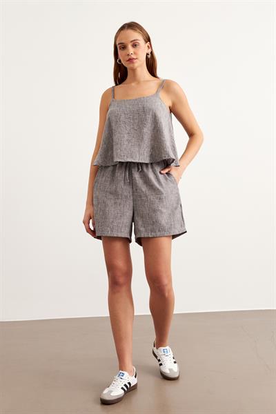 Beli Lastikli Kısa Keten Şort SİYAH