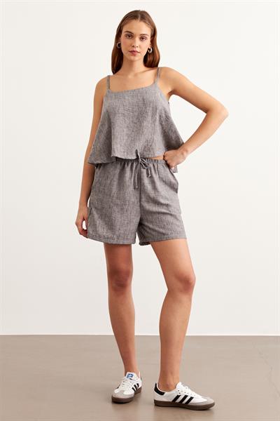 Beli Lastikli Kısa Keten Şort SİYAH