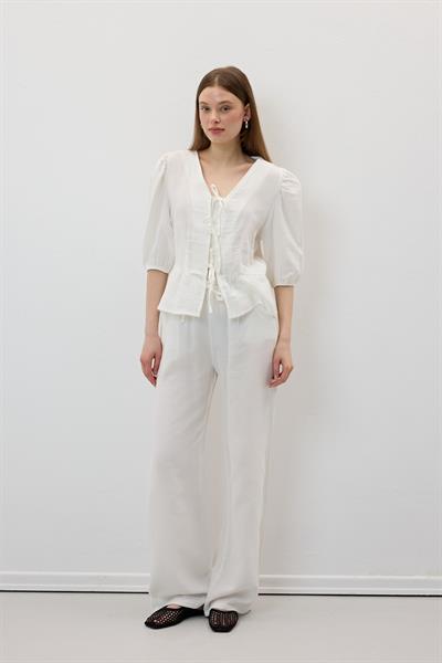 Beli Lastikli Müslin Pantolon EKRU