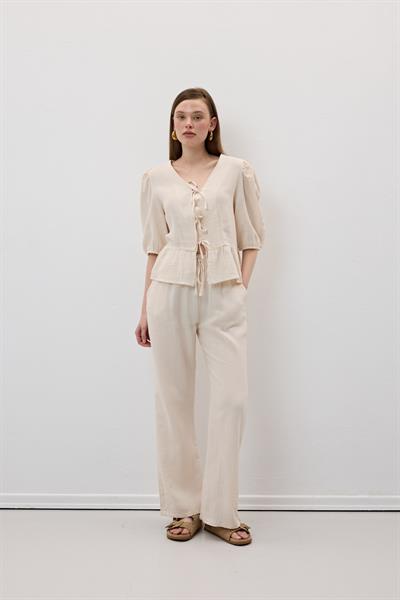 Beli Lastikli Müslin Pantolon TAŞ