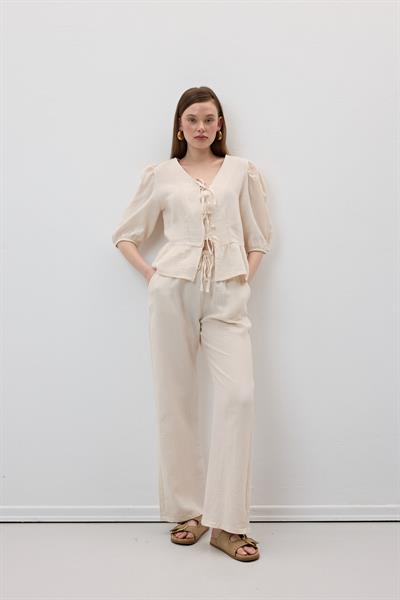 Beli Lastikli Müslin Pantolon TAŞ