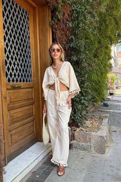 Beli Lastikli Paça Püskül Detaylı Pantolon TAŞ