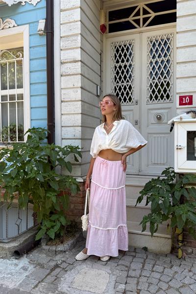 Beli Lastikli Ponpon Detaylı Etek PEMBE