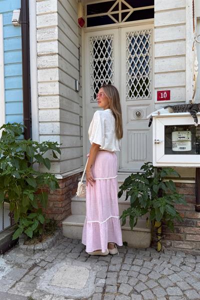 Beli Lastikli Ponpon Detaylı Etek PEMBE