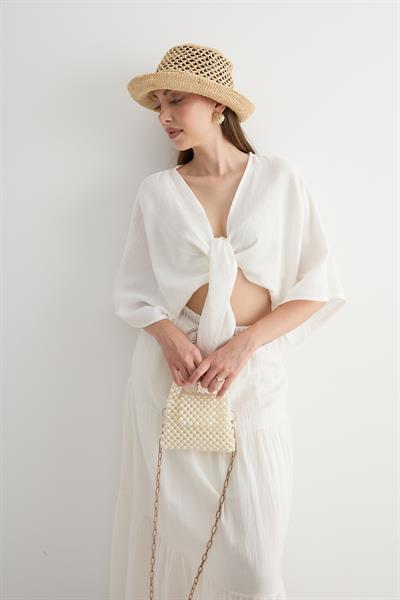 Beli Lastikli Ve Kordon Detaylı Uzun Etek EKRU