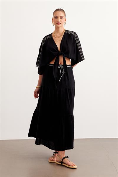 Beli Lastikli Ve Kordon Detaylı Uzun Etek SİYAH