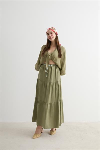 Beli Lastikli Ve Kordon Detaylı Uzun Etek HAKİ