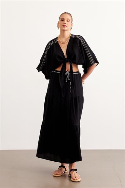 Beli Lastikli Ve Kordon Detaylı Uzun Etek SİYAH