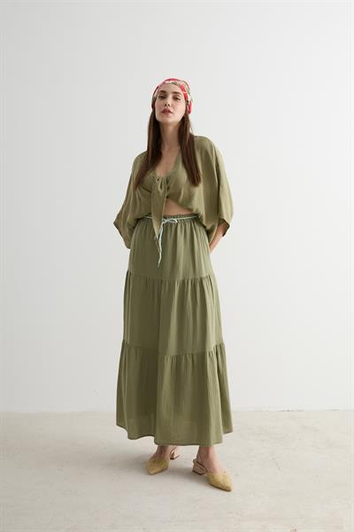 Beli Lastikli Ve Kordon Detaylı Uzun Etek HAKİ