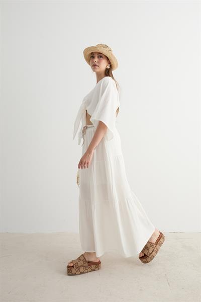 Beli Lastikli Ve Kordon Detaylı Uzun Etek EKRU