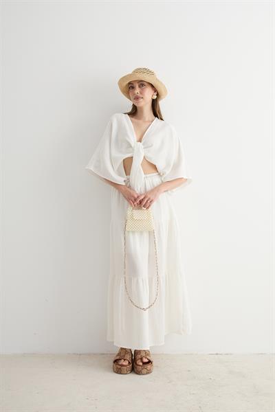 Beli Lastikli Ve Kordon Detaylı Uzun Etek EKRU