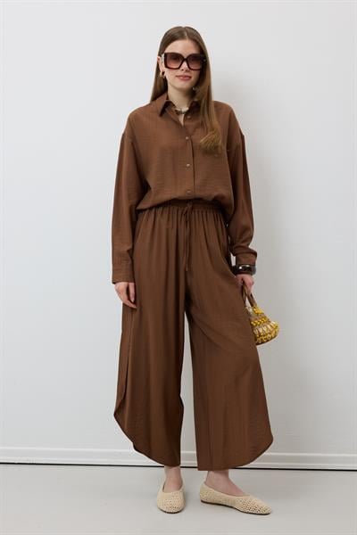 Beli Lastikli Yırtmaçlı Pantolon KAHVERENGİ