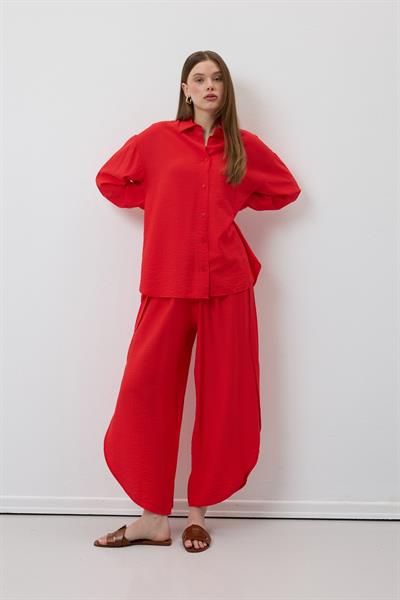 Beli Lastikli Yırtmaçlı Pantolon KIRMIZI