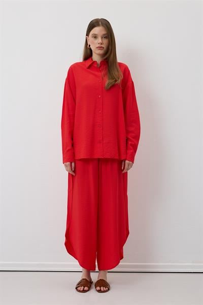 Beli Lastikli Yırtmaçlı Pantolon KIRMIZI