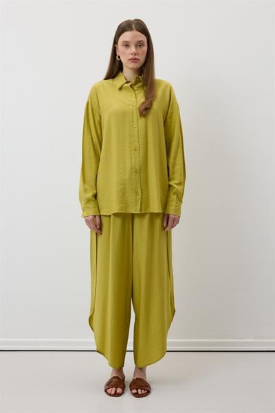 Beli Lastikli Yırtmaçlı Pantolon YAĞ YEŞİLİ