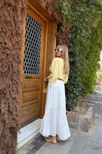 Beyaz Püskül Detaylı Bağlamalı Kimono SARI