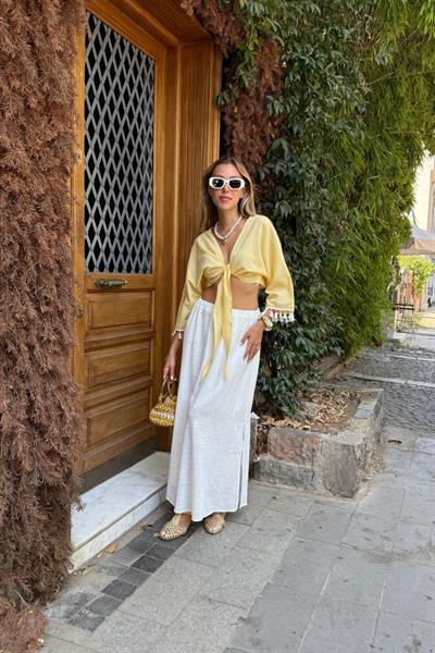 Beyaz Püskül Detaylı Bağlamalı Kimono SARI