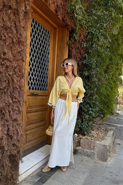 Beyaz Püskül Detaylı Bağlamalı Kimono SARI