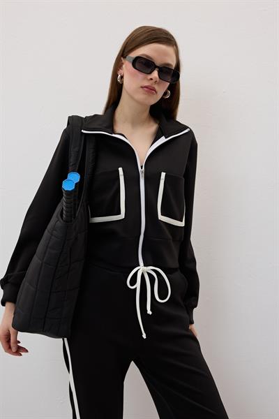 Cep Detaylı Önü Fermuarlı Sweatshirt SİYAH