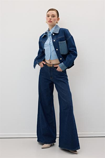 Cep Ve Yaka Detaylı Kot Ceket KOYU MAVİ