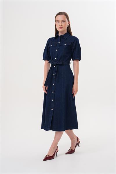 Çıt Çıt Detaylı Beli Kuşaklı Elbise RİNS YIKAMA