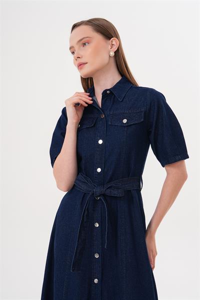 Çıt Çıt Detaylı Beli Kuşaklı Elbise RİNS YIKAMA