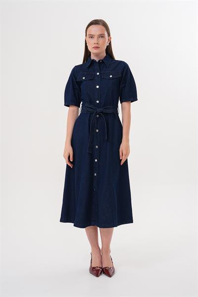 Çıt Çıt Detaylı Beli Kuşaklı Elbise RİNS YIKAMA