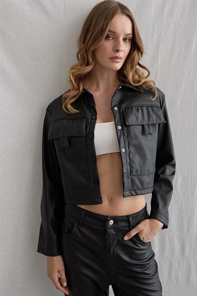 Çıt Çıt Detaylı Uzun Kollu Deri Mont SİYAH