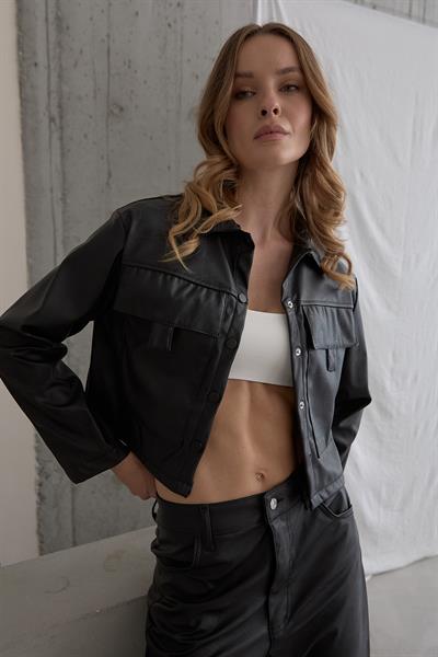 Çıt Çıt Detaylı Uzun Kollu Deri Mont SİYAH