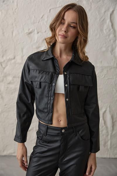 Çıt Çıt Detaylı Uzun Kollu Deri Mont SİYAH