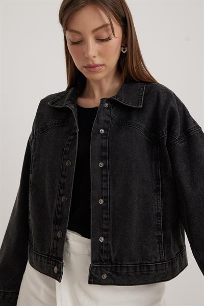 Çıt Çıtlı Kadın Kot Ceket BLACK