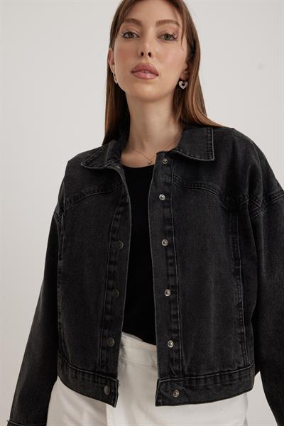 Çıt Çıtlı Kadın Kot Ceket BLACK