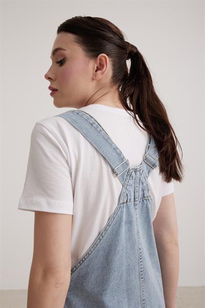Denim Mini Kadın Salopet Elbise KAR YIKAMA