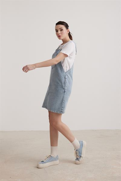 Denim Mini Kadın Salopet Elbise KAR YIKAMA