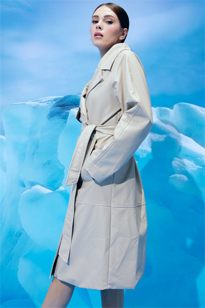 Deri Kumaş  Beli Kuşaklı Kadın Trençkot TAŞ