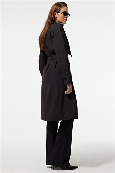 Deri Kumaş  Beli Kuşaklı Kadın Trençkot SİYAH
