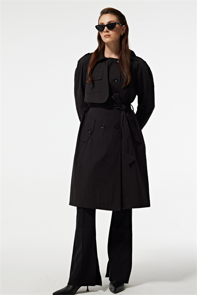 Deri Kumaş  Beli Kuşaklı Kadın Trençkot SİYAH