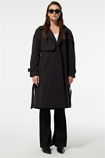 Deri Kumaş  Beli Kuşaklı Kadın Trençkot SİYAH