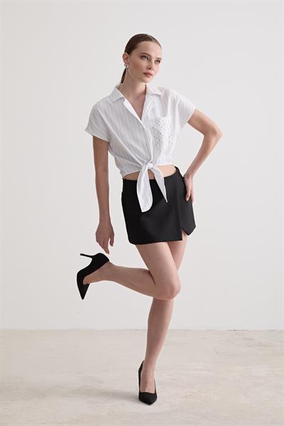 Drop Taş Detaylı Çizgili Gömlek BEYAZ ÇİZGİLİ