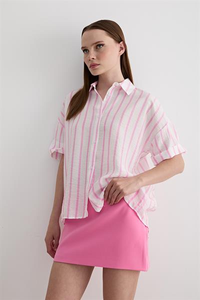 Duble Kısa Kollu Çizgili Gömlek PEMBE
