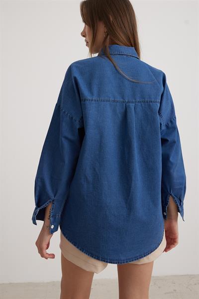 Düğme Detaylı Kadın Kot Gömlek KOYU MAVİ